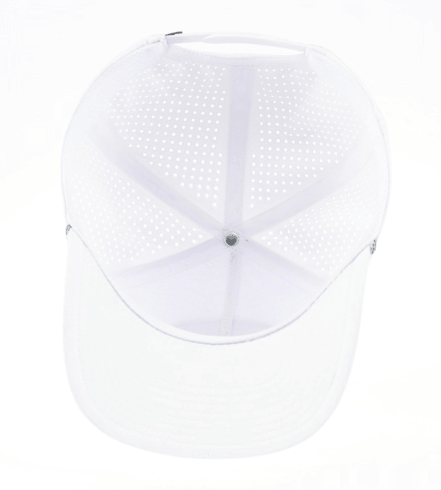 Sunday Bliss Classic Golf Cap – White top view showcasing breathable design and sleek style.