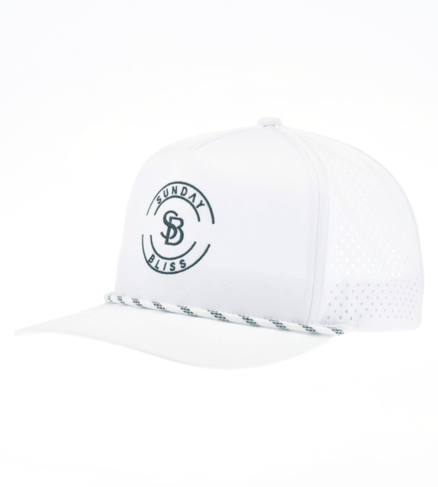Sunday Bliss Classic Golf Cap in white with logo and rope detailing, perfect for stylish golfers.