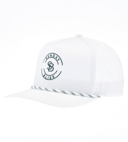 Sunday Bliss Classic Golf Cap in white with logo and rope detailing, perfect for stylish golfers.