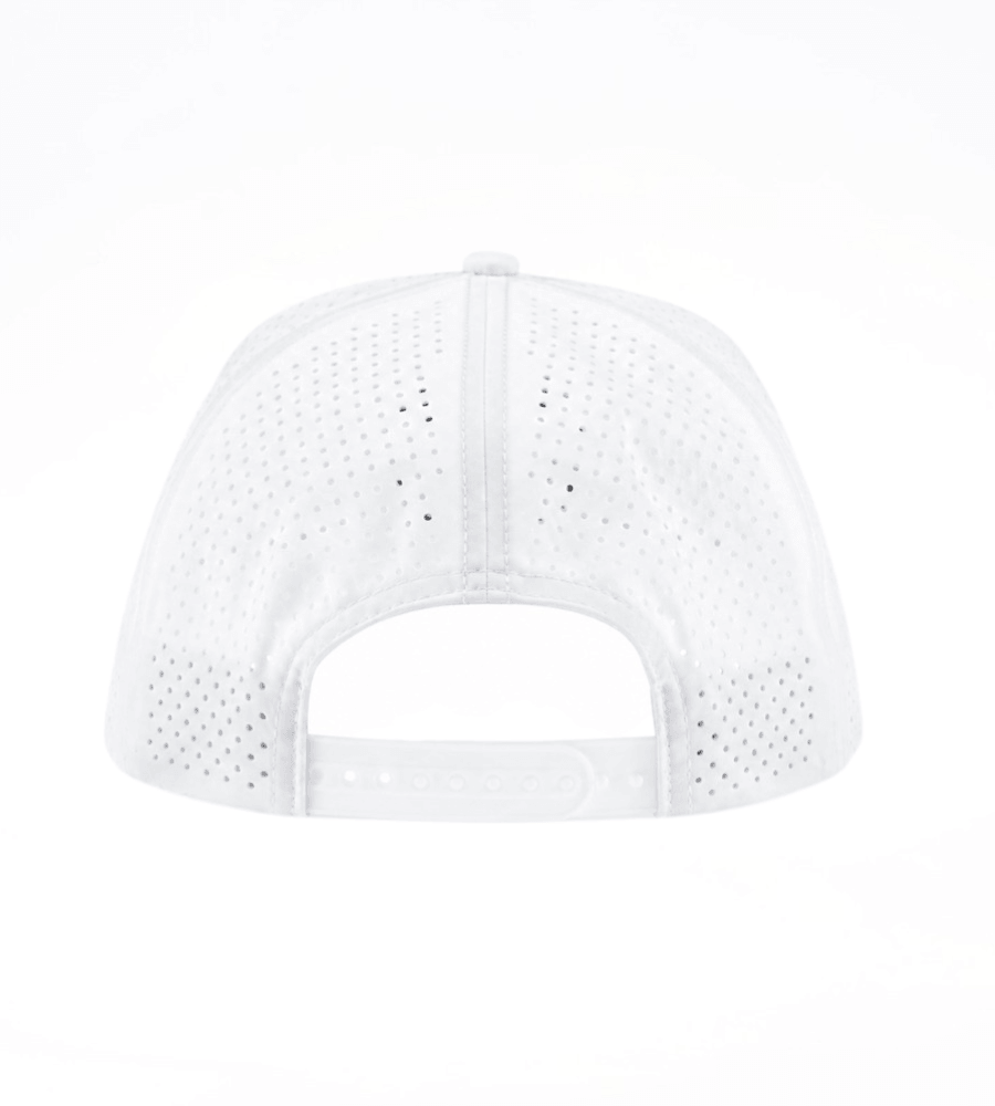 Back view of the Sunday Bliss Classic Golf Cap in white, showcasing its breathable design and adjustable strap.