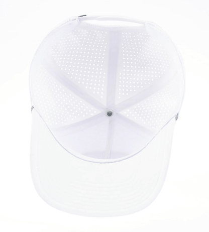 Sunday Bliss Classic Golf Cap – White top view showcasing breathable design and sleek style.
